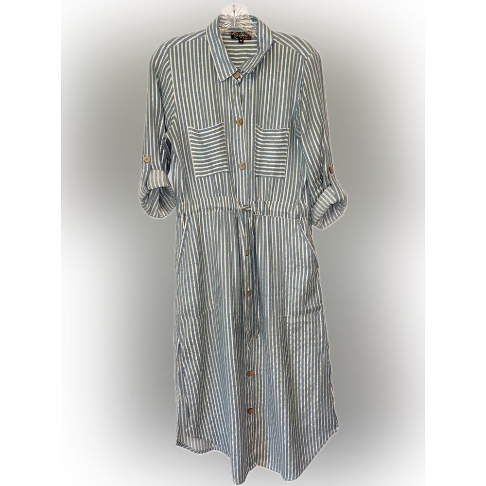 J. Gee Cotton Blend Dress Blue Gold White striped Medium